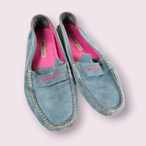 Manolo Blahnik Gray Blue Suede‎ Driving Penny Loafers Flats Moccasins Size 7.5-8